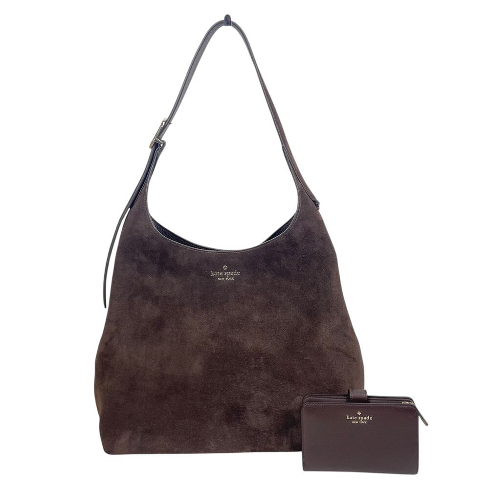 Kate Spade 454 Suede Large Shoulder Bag Lena Bifold Wallet Set Hot Fudge